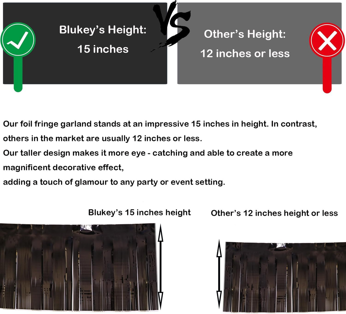 Thick 10 Feet by 15 Inch Black Foil Fringe Garland - Pack of 3 - Shiny Metallic Tinsel Banner for Parade Floats, Easter Day, Halloween, Christmas | Wall Hanging Drapes (3)