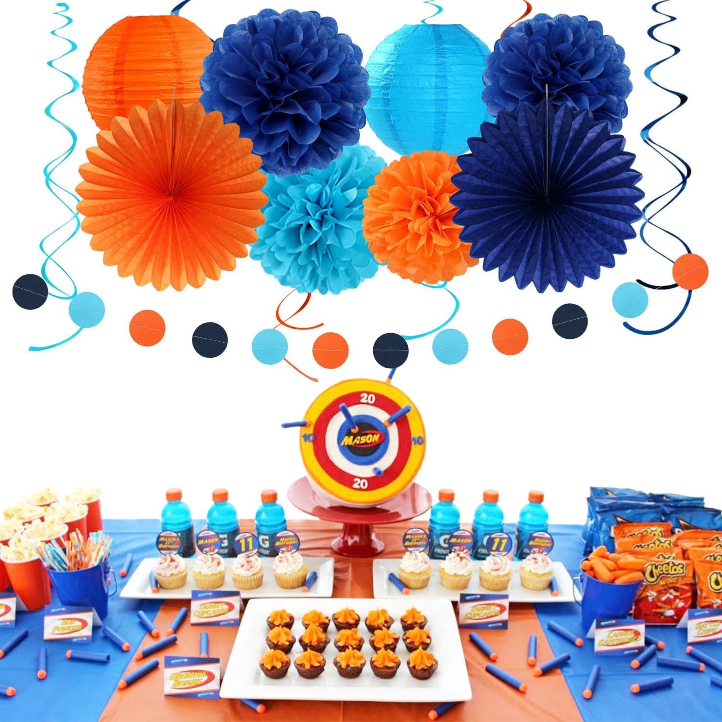 Royal-Navy Blue Orange Happy-Birthday Party-Decorations - 31pcs Men Boys Paper Lanterns Streamers Banner,Tissue Flowers Pom Poms Fans Tassels Garland Decor Backdrop Supplies Hugmoon