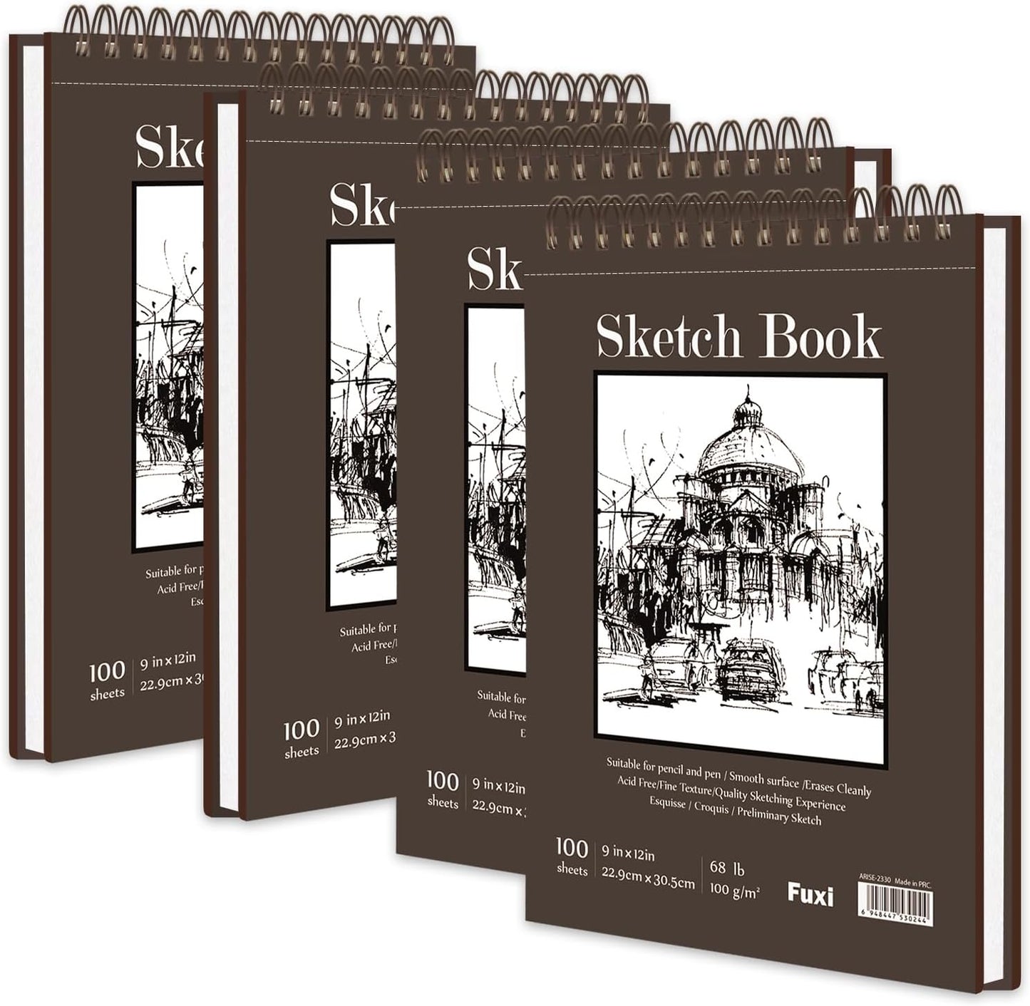 9 x 12 inches Sketch Book, Top Spiral Bound Sketch Pad, 4 Pack 100 Sheets Each (68lb/100gsm), Acid Free Art Sketchbook Artistic Drawing Painting Writing Paper for Kids Adults Beginners Artists