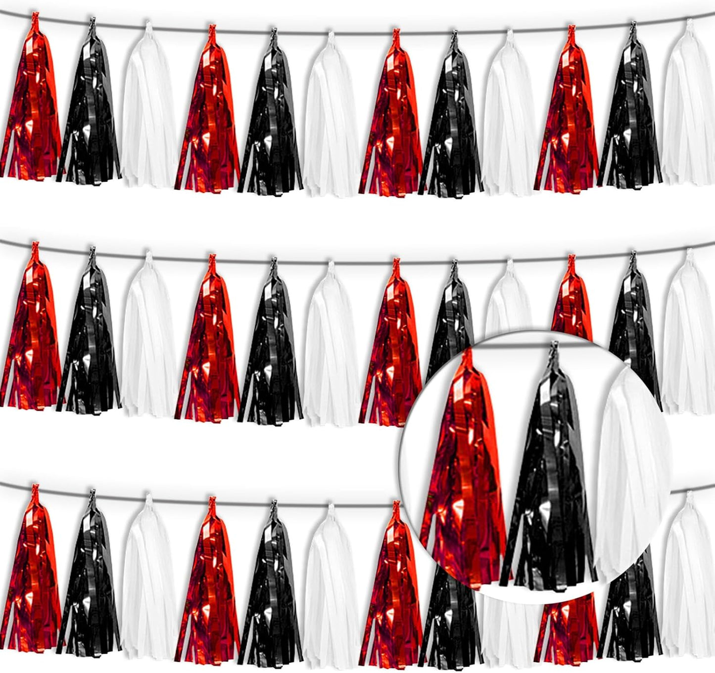 3P Black Red White Foil Fringe Tassel Banner Metallic Tinsel Streamer Garland Wall Curtain Backdrop for Parade Floats, Graduation, Halloween, Christmas, Father's Day Party Decorations
