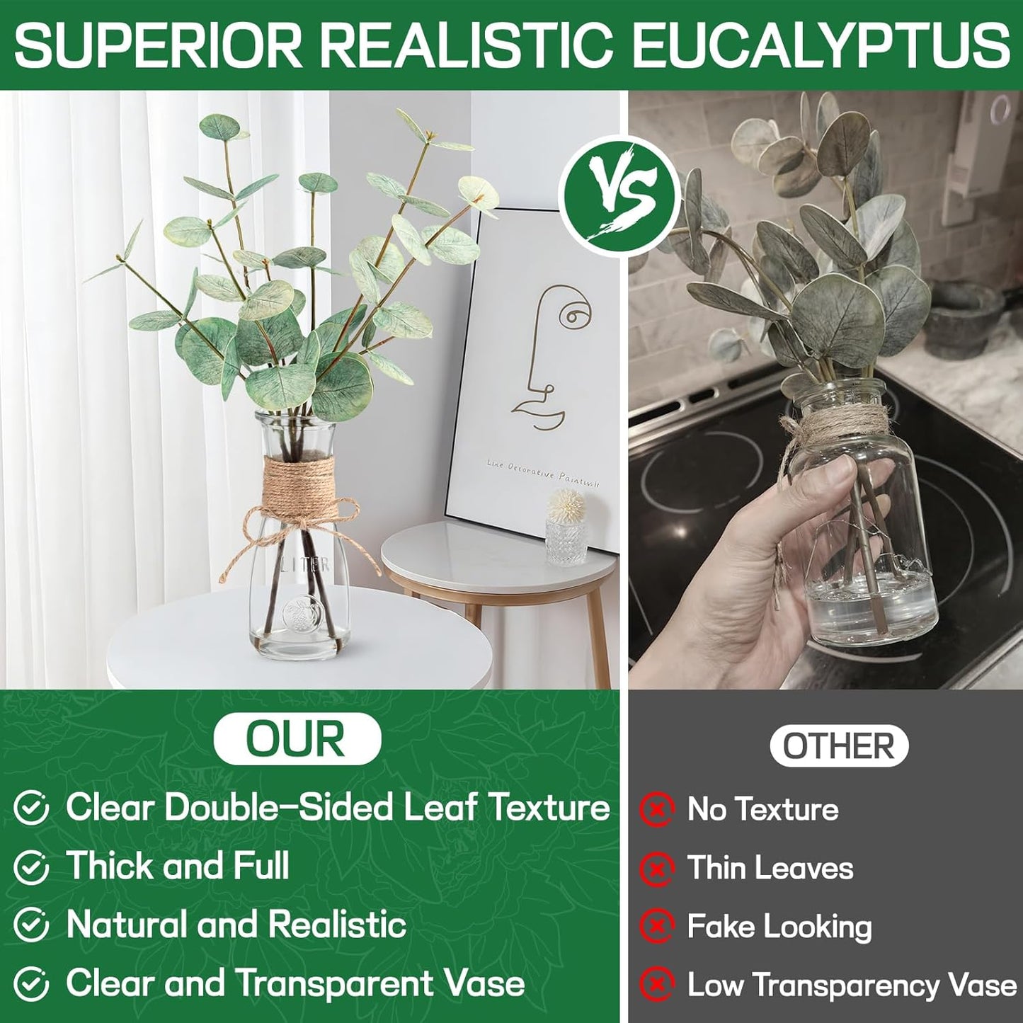 Artificial Eucalyptus Stems in Glass Vase with Faux Water, 15" Small Bathroom Greenery with Double-Sided Green Leaves, Farmhouse Office Decor, Realistic Fake Plant Wedding Centerpiece