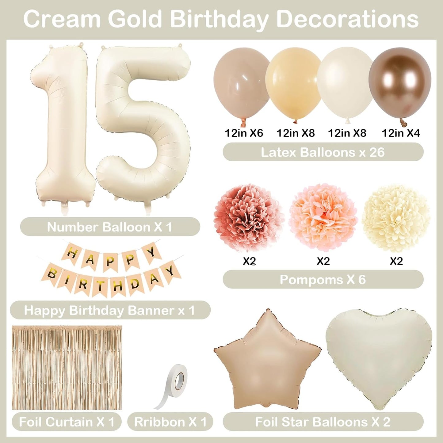 Beige 15th Birthday Decorations Girls Boys Cream Number 15 Balloon Nude Gold Happy Birthday Banner Fringe Curtain Paper Pom Poms Blush White Sand Champagne Star Foil Balloons Neutral Boho Party Decor