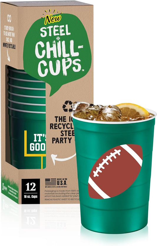 16 oz. Party Cup Football 'It's Good' Goal Post Design for Cold Drinks, Durable, Disposable, Recyclable, Made in USA, Green 12 Count