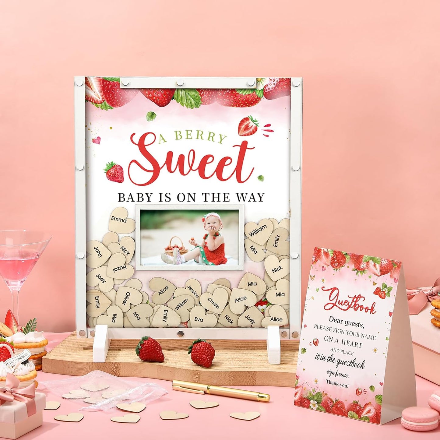 65 Pcs Strawberry Baby Shower Guest Book Berry Theme Baby Shower Decorations Alternatives He or She Gender Reveal Decorations Sign in Guest Book with Picture Frame and 60 Wooden Chip
