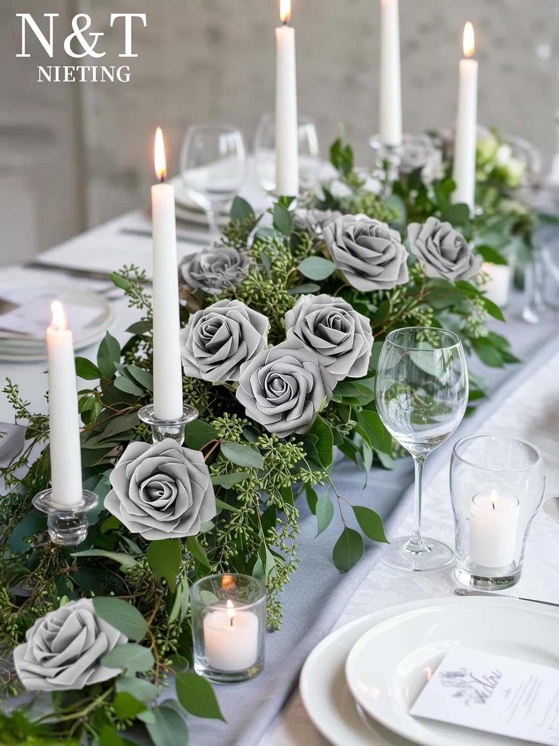 N&T NIETING Artificial Rose, 50pcs Gray Fake Foam Flowers with Stems for Wedding Party Baby Shower Cake Decoration, Home Display