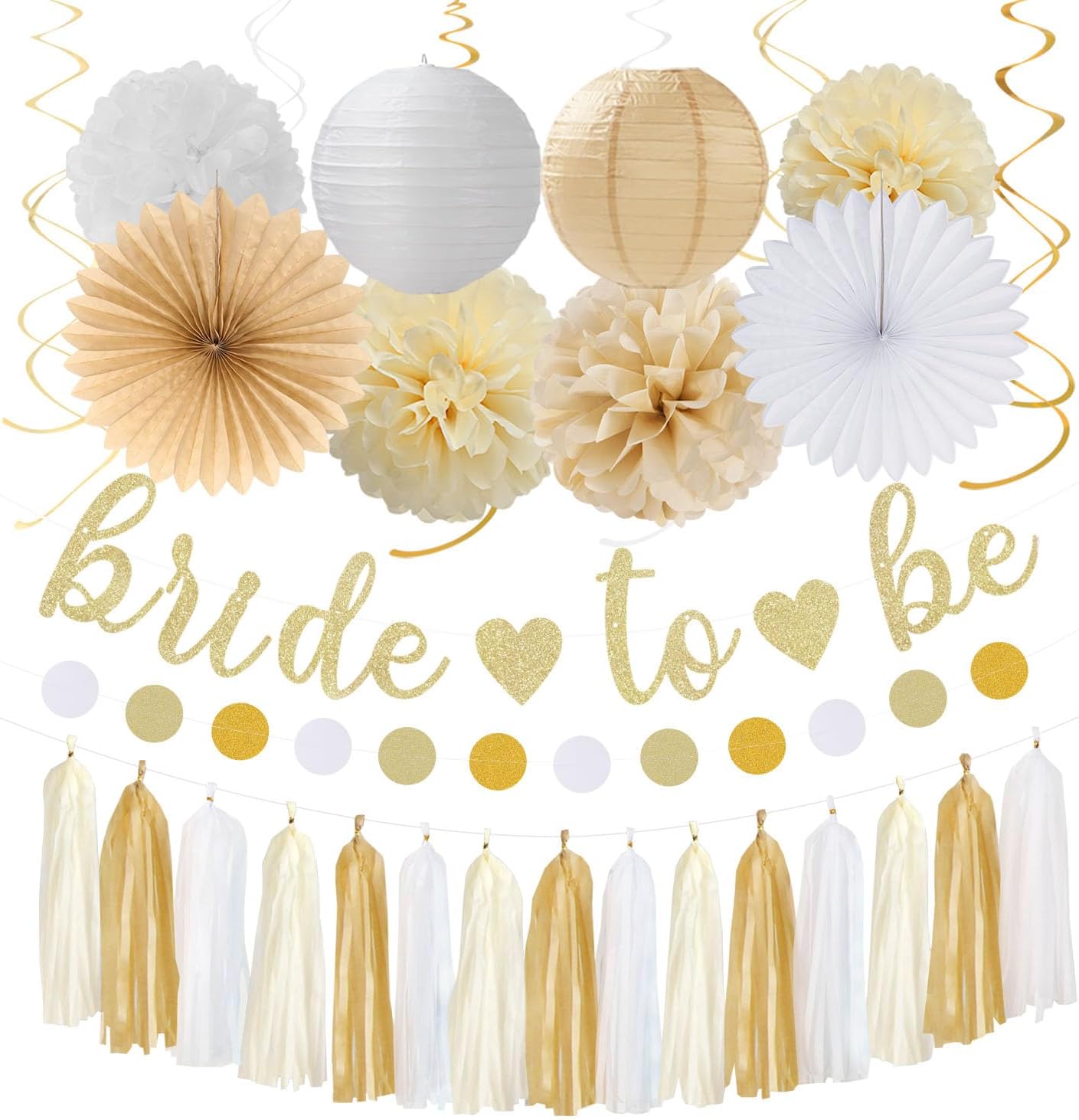 Champagne Gold White Bridal-Shower Party-Decorations - 31pcs Bride To Be Banner,Boho Neutral Bachelorette Paper Lanterns,Wedding Streamers Garland,Tissue Pom Poms Flower Fan Decor Supplies Burgleda