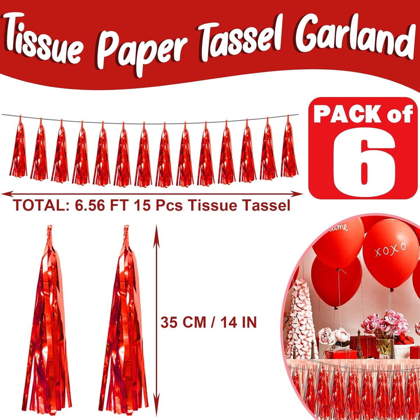 6P Red Foil Fringe Metallic Tassel Streamers Banner Tassel Garland for Parade Floats, Bachelorette, Wedding, Birthday, Graduation, Christmas, Bridal/Baby Shower Party Decorations