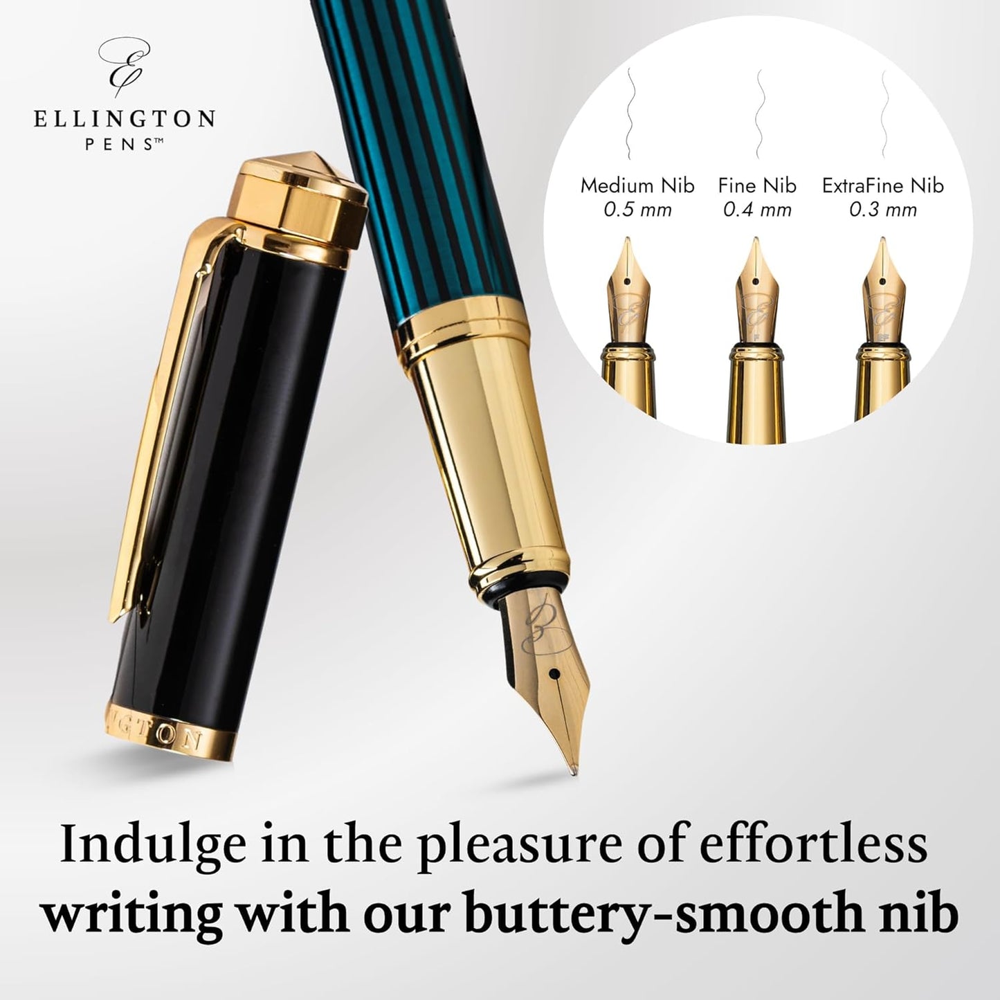 Ellington Pens Luxury Fountain Pen Set- Fountain Pens for Writing - Smooth Medium Nib - Includes Refillable Ink Converter, 3 Ink Cartridges [Black & Blue], Gift Box - Elegant Calligraphy