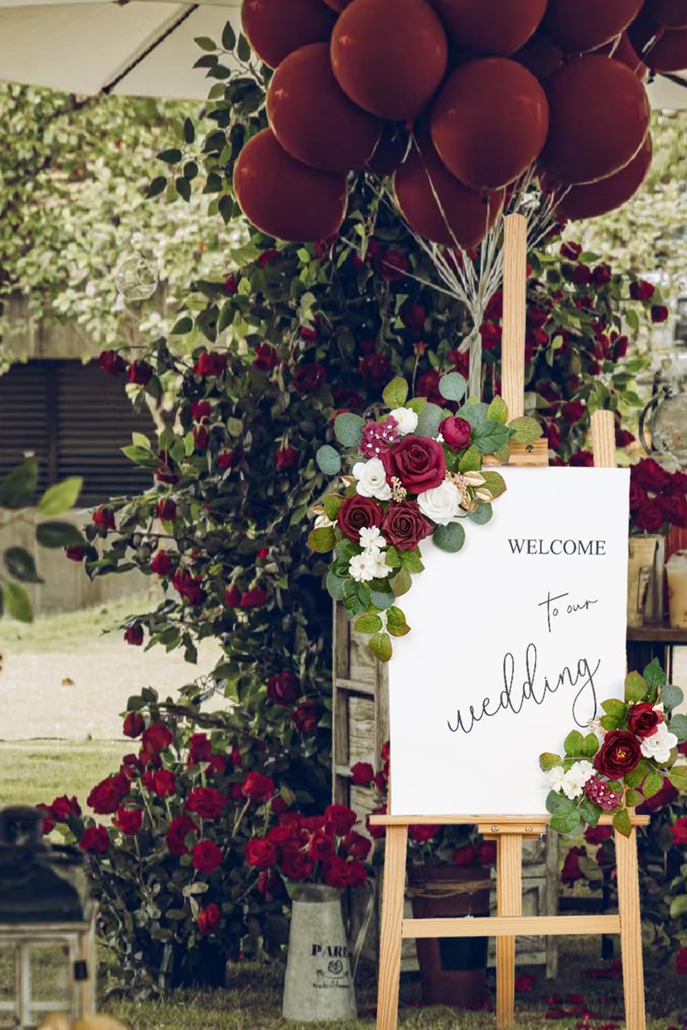 WEIERYUE(Pack of 2 Artificial Flowers Decorations,Artificial Arch Backdrop Garlandfor Ceremony Party Reception Entrance Welcome Easel Door Floral Decor Wall Home Entryway Outdoor(Wine red)