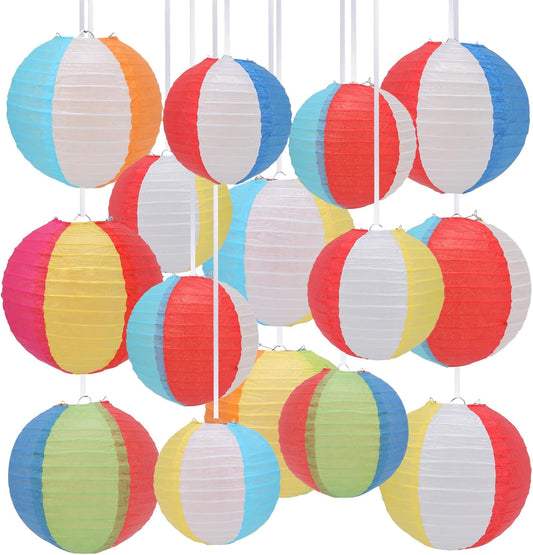 15Pcs Beach Ball Hanging Paper Lanterns Colored Summer Party Decorations for Pool Backyard Outdoor Classroom