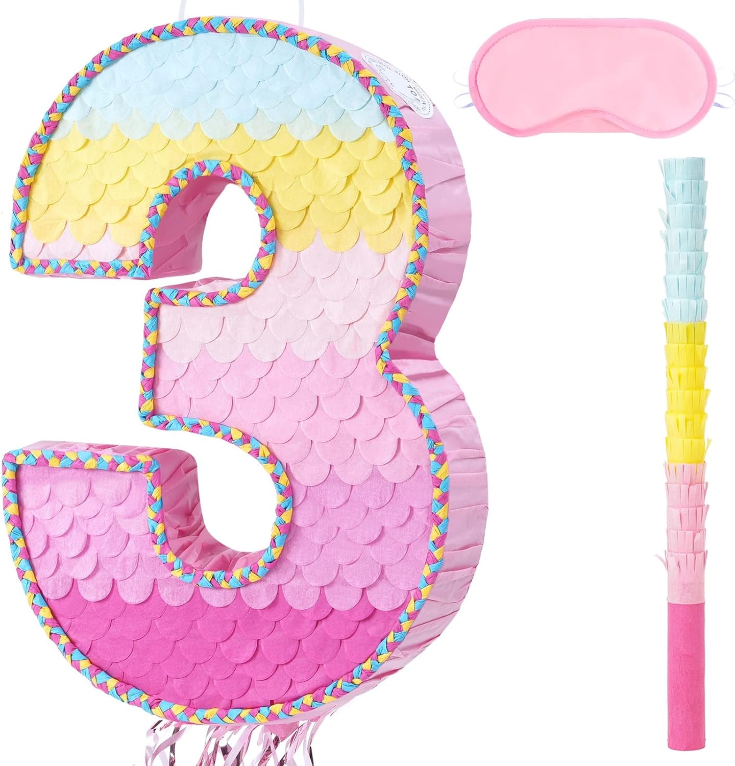 WERNNSAI Pink Sweet Three Pinata - Number 3 Pinata Happy Birthday Decoration Pink Rainbow Design Party Games for Girl Princess Baby Shower Party Favor with Blindfold Anniversary Celebration Supplies
