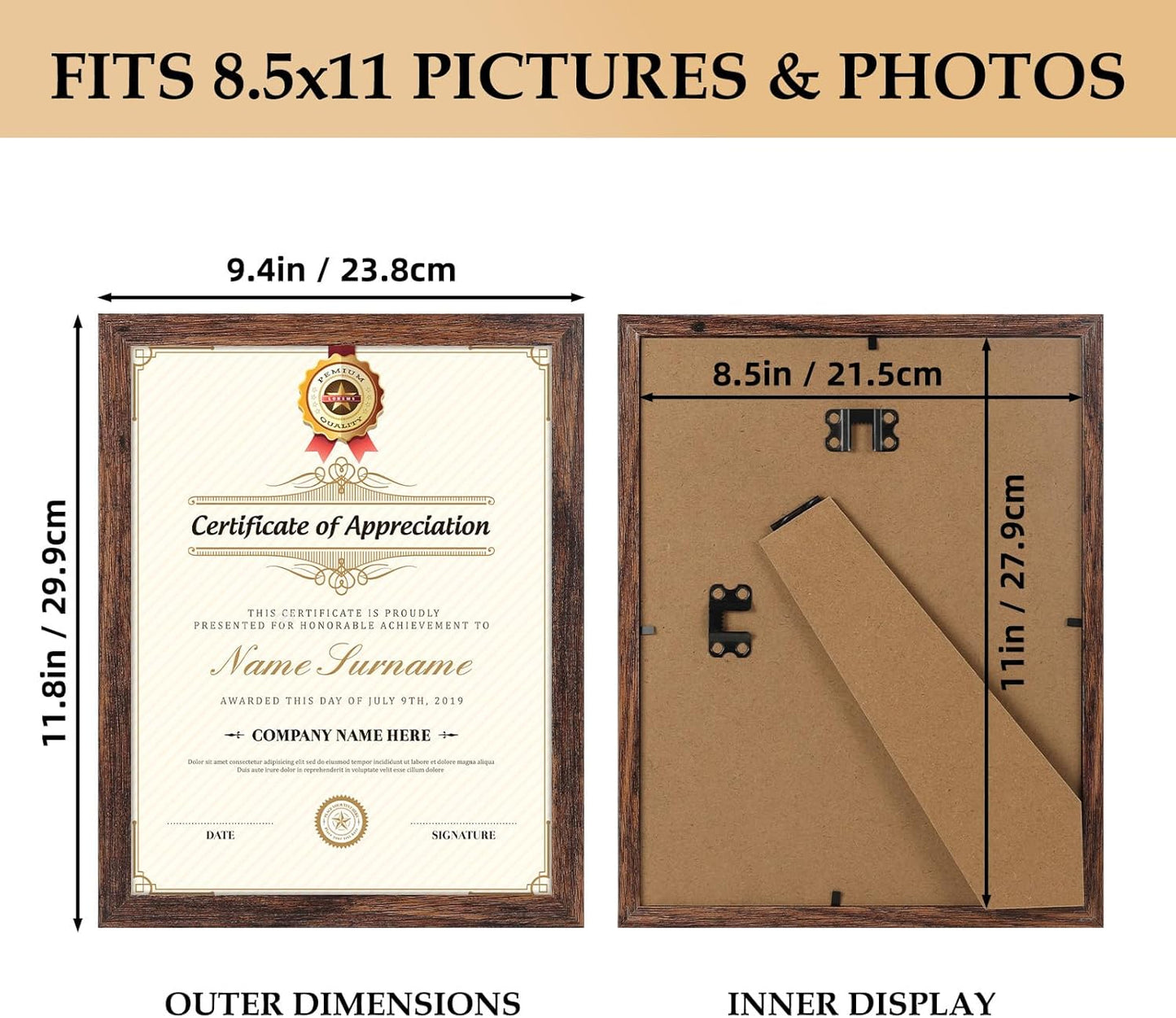 PETAFLOP Wooden Bulk 8.5x11 Picture Frame Set of 18, Rustic Brown Certificate Frames Fits 8.5 by 11 for Wall or Tabletop Display