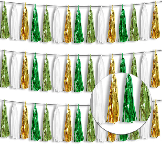 3P Metallic Fringe Tassel Banner Garland Foil Tinsel Streamer Wall Hanging Curtain Backdrop Banners for Parade Floats, Graduation Decorations, Woodland Party Decoration(Sage-Green Gold)