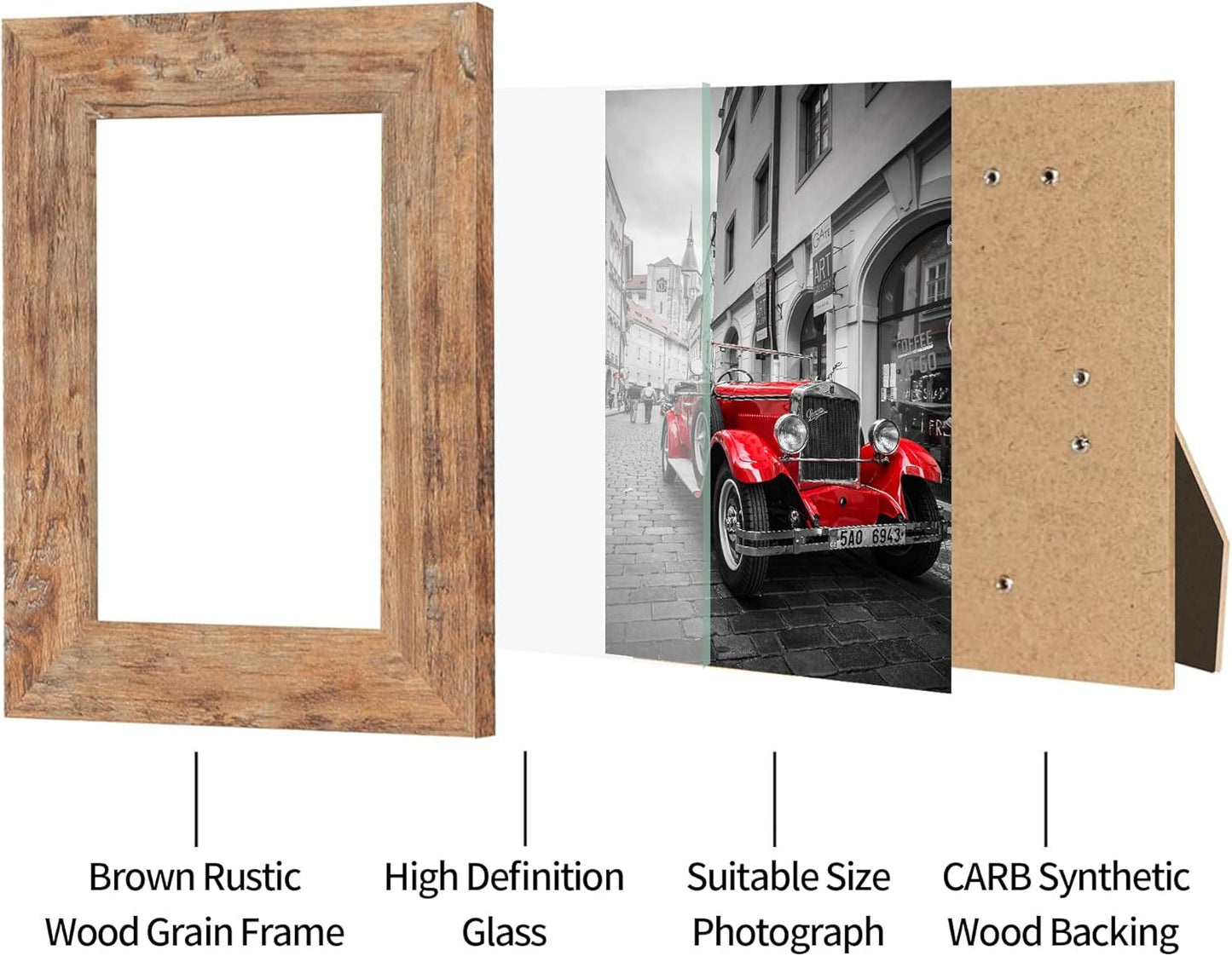 4x6 Picture Frame Set of 4, High Definition Real Glass 4 x 6 Photo Frames for Tabletop Display and Wall Mounting (Distressed White+Oak+Rustic Brown+Black)