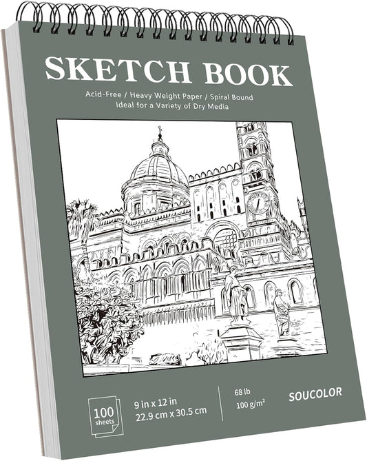 Soucolor 9" x 12" Sketch Book, Back to School Supplies, 1-Pack 100 Sheets Spiral Bound Art Sketchbook, Acid Free (68lb/100gsm) Artist Drawing Book Paper Painting Sketching Pad, College Essentials