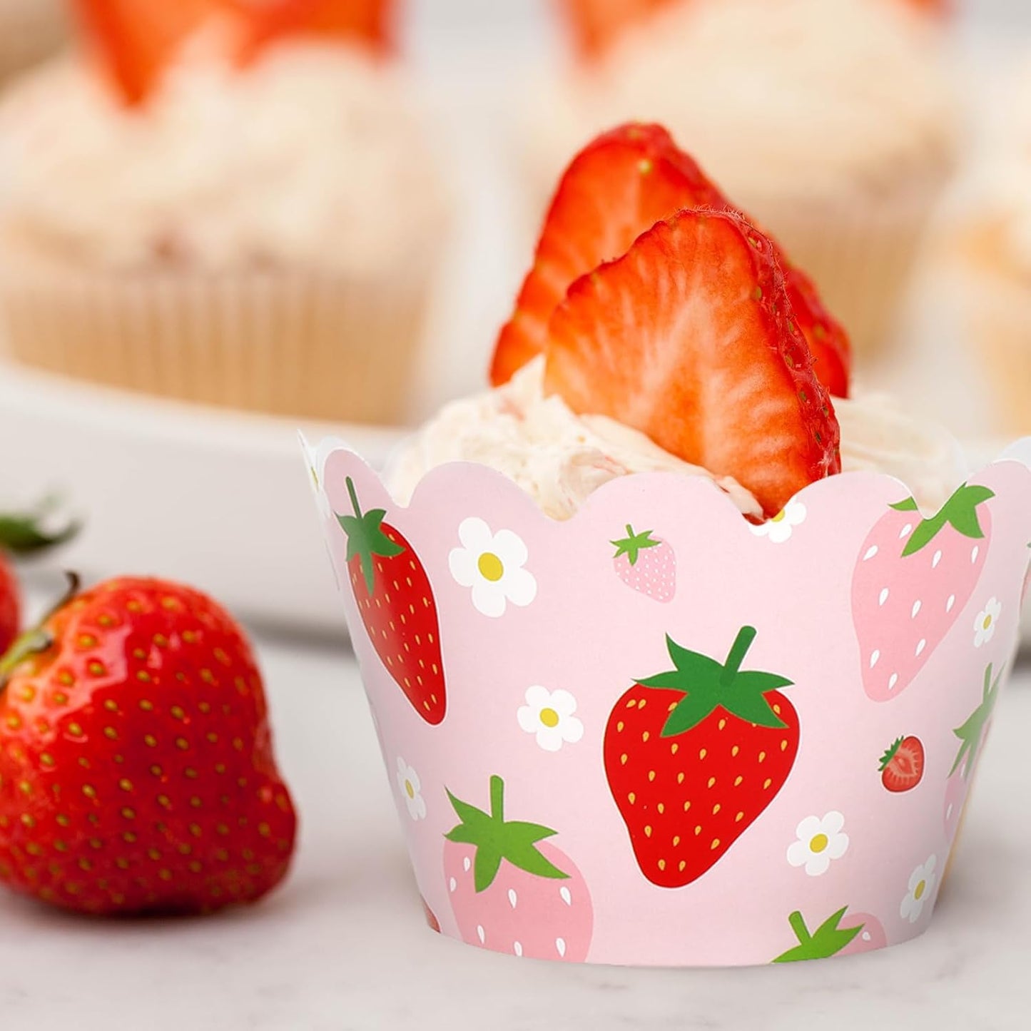 Whaline 36Pcs Strawberry Cupcake Wrappers Red Pink Strawberry Flower Cupcake Liners Decorative Cupcake Holders for Birthday Baby Shower Party Cake Decoration
