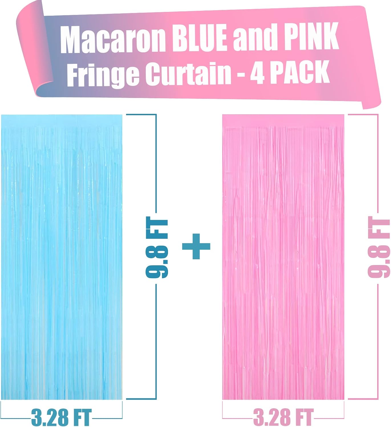 4 Pack Macaron Pink Blue Foil Fringe Curtain Backdrop, 3.28Ft x 9.8Ft Metallic Tinsel Foil Fringe Streamers for Photo Booth, Wedding Gender Reveal Backdrop Boy or Girl Birthday Party Decoration