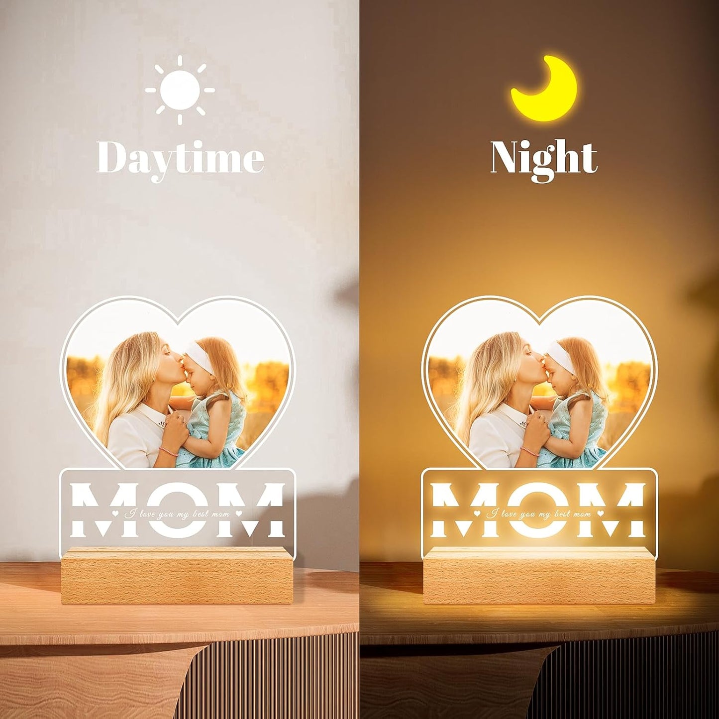 Personalized Gifts for Mom from Daughter and Son, Custom Picture Frames with Photo, Custom Photo Frame with Night Light, Customized Heart Picture Frame, Personalized Mom Birthday Gifts