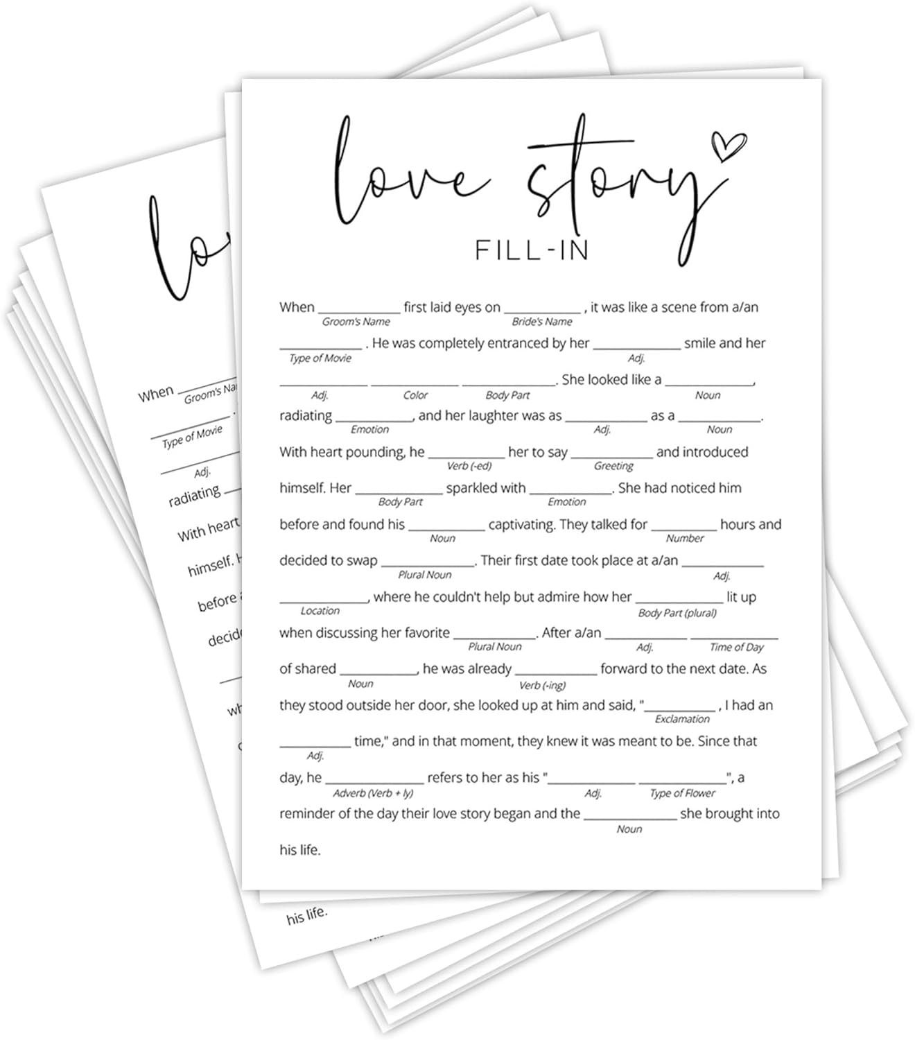 Bridal Shower Games, Love Story Fill-in, 25Pcs Minimalist White Double-Sided Bridal Game Cards, Wedding Shower Games for Guests, Engagement Bachelorette Party Supplies - A26