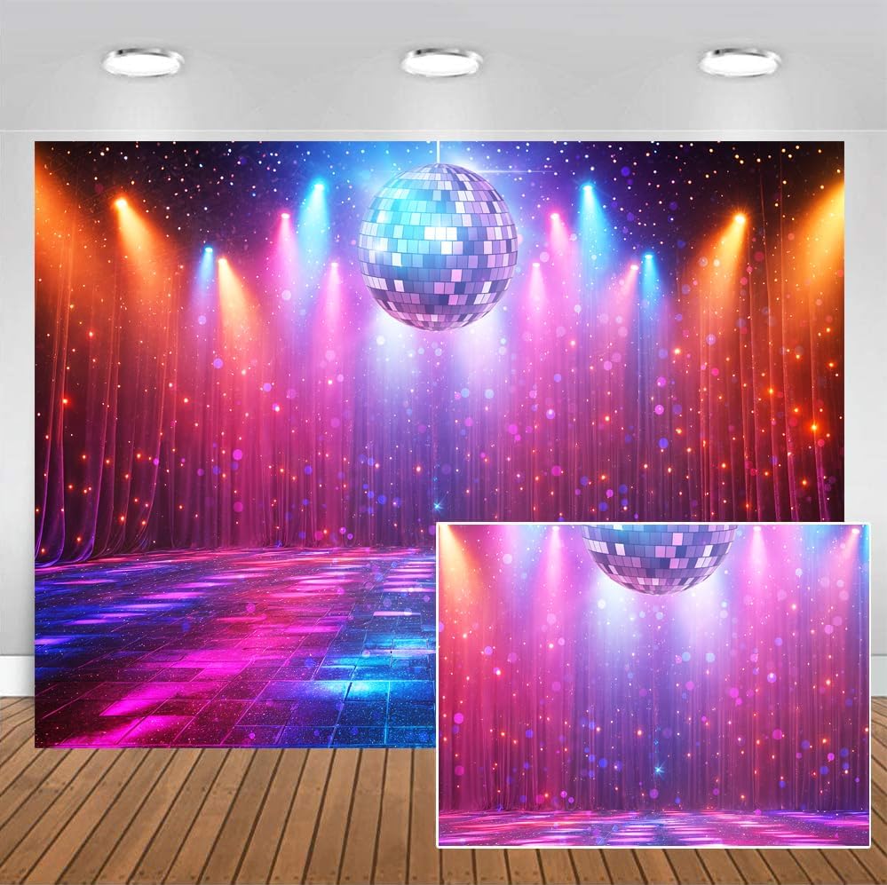 Disco Decorations Backdrop, Retro Glow Party 70s 80s 90s Theme Stage Dance Background Disco Party Decoration, Polyester Banner PartyBackdrop for Birthday Prom Portrait Photo Props 7x5ft