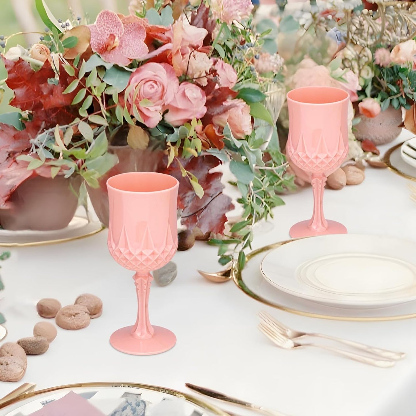 Plastic Vintage Wine Glasses 7OZ Plastic Goblets Vintage Drinking Glasses 12PCS Retro Wedding Glassware Water Goblets Reusable Drinking Cups for Party,Reception,Celebration,Bar,Whiskey(Light Pink)