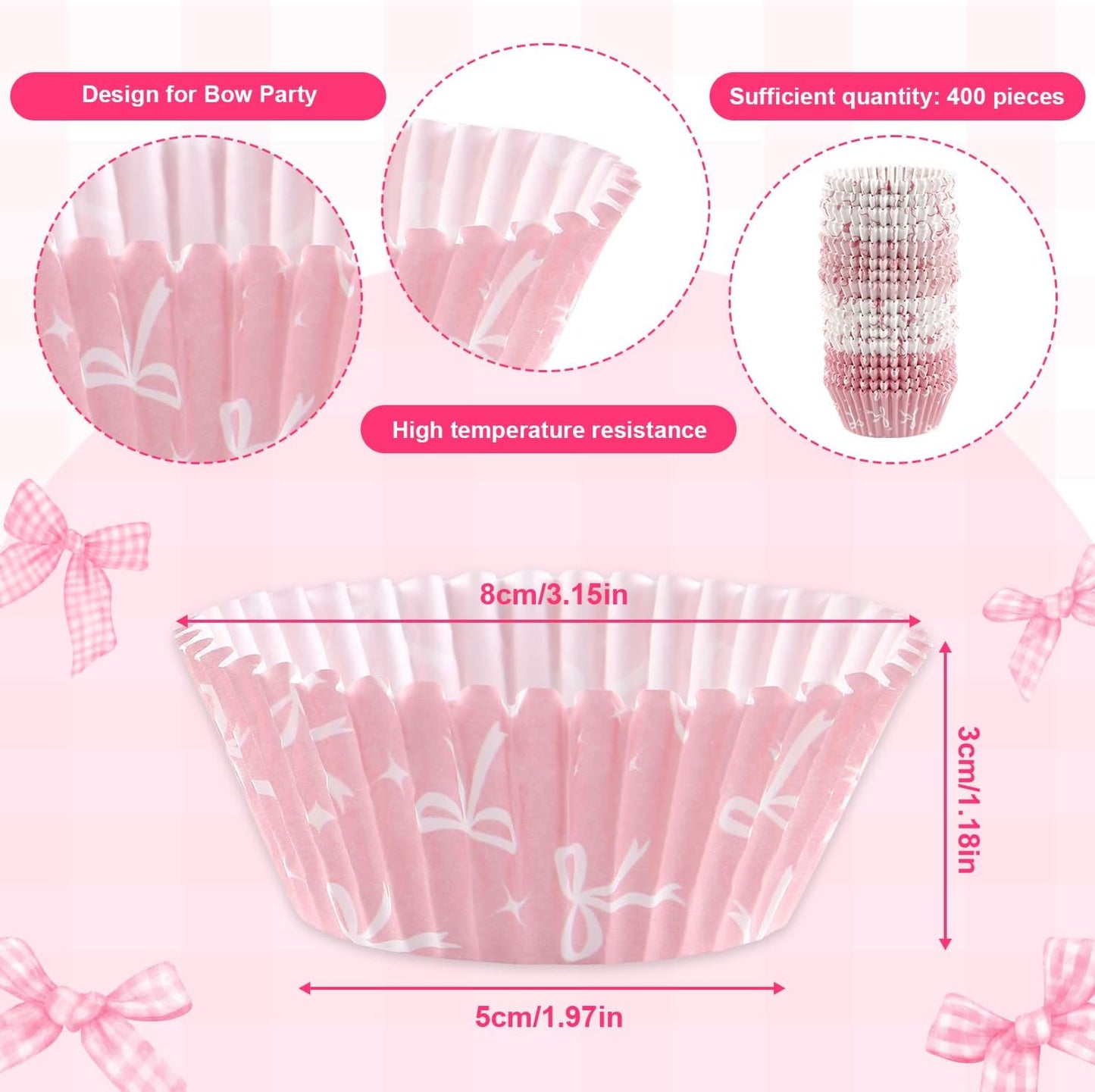 400 Pcs Pink Bow Cupcake Liners Coquette Bow Cupcake Wrappers Baking Cups Baking Standard Liners Holders for Baby Shower Wedding Bachelorette Bridal Showers Birthday Party Decoration