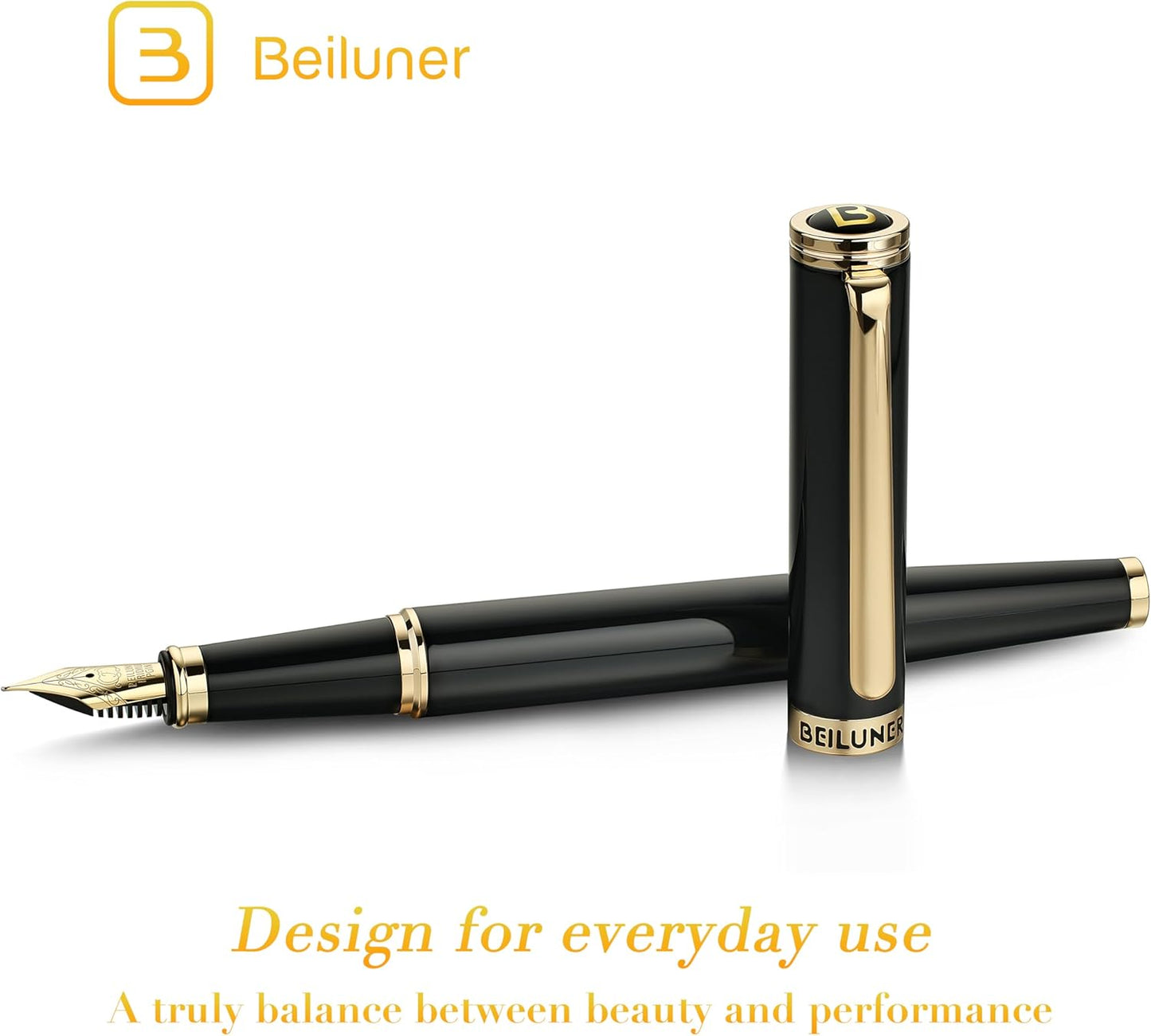 BEILUNER Black Fountain Pen,Stunning Luxury Pens with 24K Gold Accents, Gorgeous 24K Gilded Nib(Fine), Trustworthy Pen Gift for Men&Women -Ink Converter-Elegant, Reliable,Fancy Pen for Writing