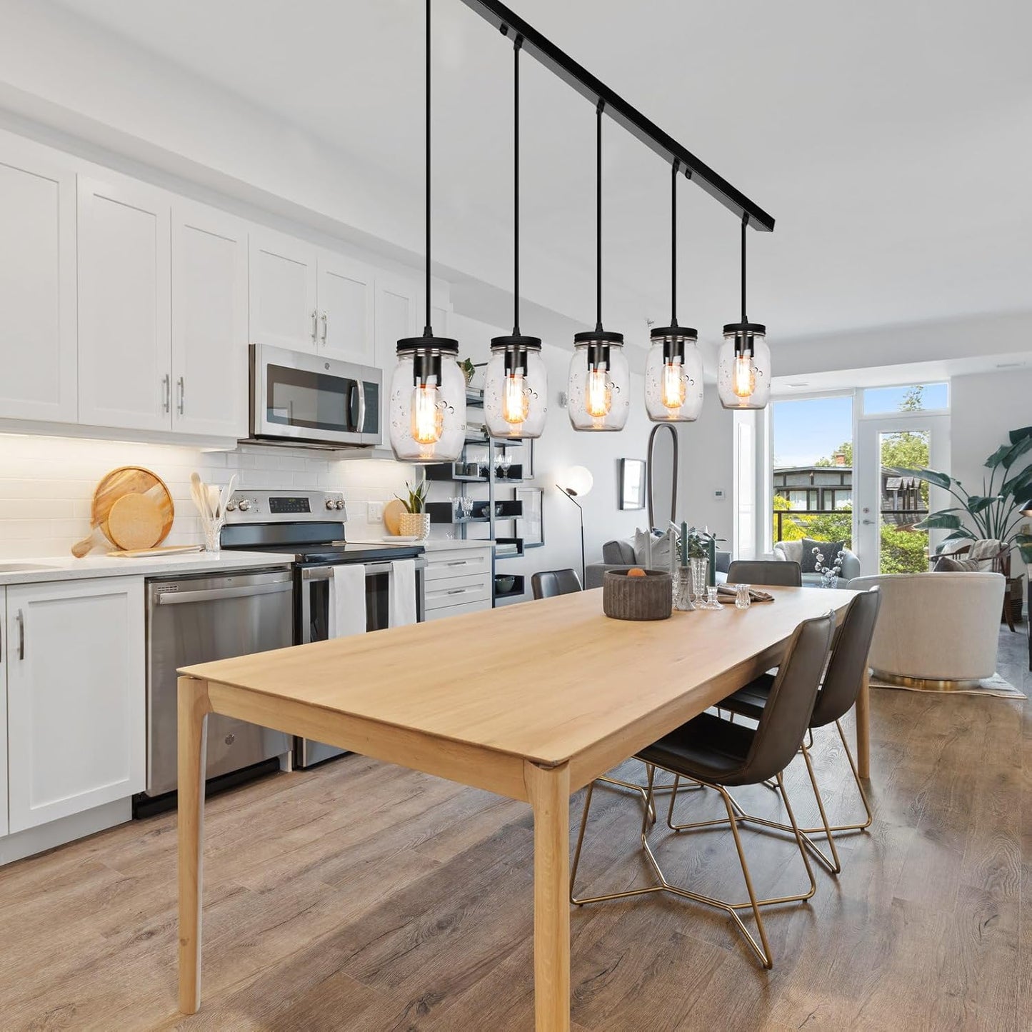 Glass Mason Jar Light Fixtures, 5-Light Adjustable Height Pendant Ceiling Lights Flush Mount - Black Country Farmhouse Lights for Kitchen Dining Room Foyer Stairway Hallway Entryway Porch