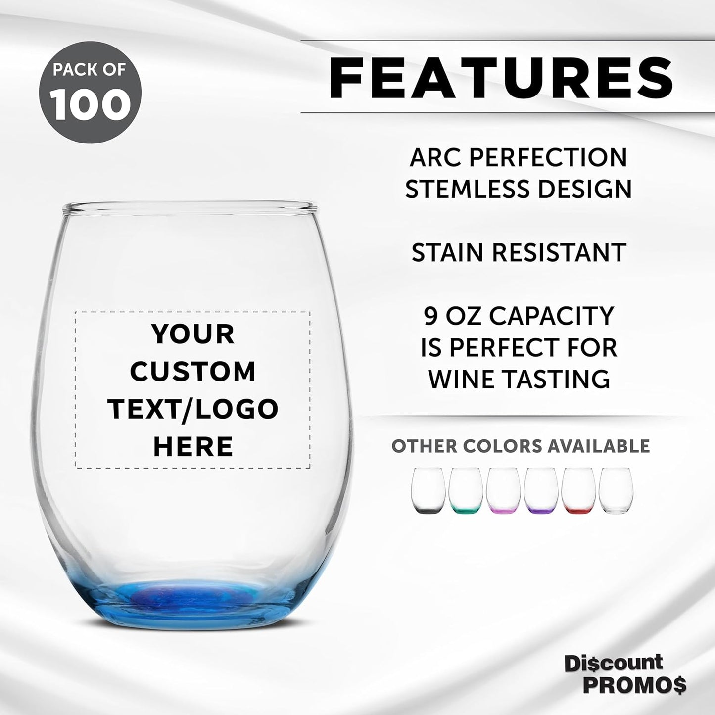 Custom Stemless Wine Glass 9 oz. Set of 100, Personalized Bulk Pack - Great for Wedding Favors, Bachelorette Party Decorations, Party Favors, Color Bottom - Blue