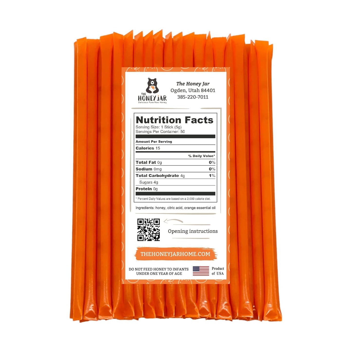 The Honey Jar Orange Flavored Honey Sticks - Pure Honey Straws For Tea, Coffee, or a Healthy Treat - One Teaspoon of Flavored Honey Per Stick - Made In The USA with Real Honey - (50 Count)