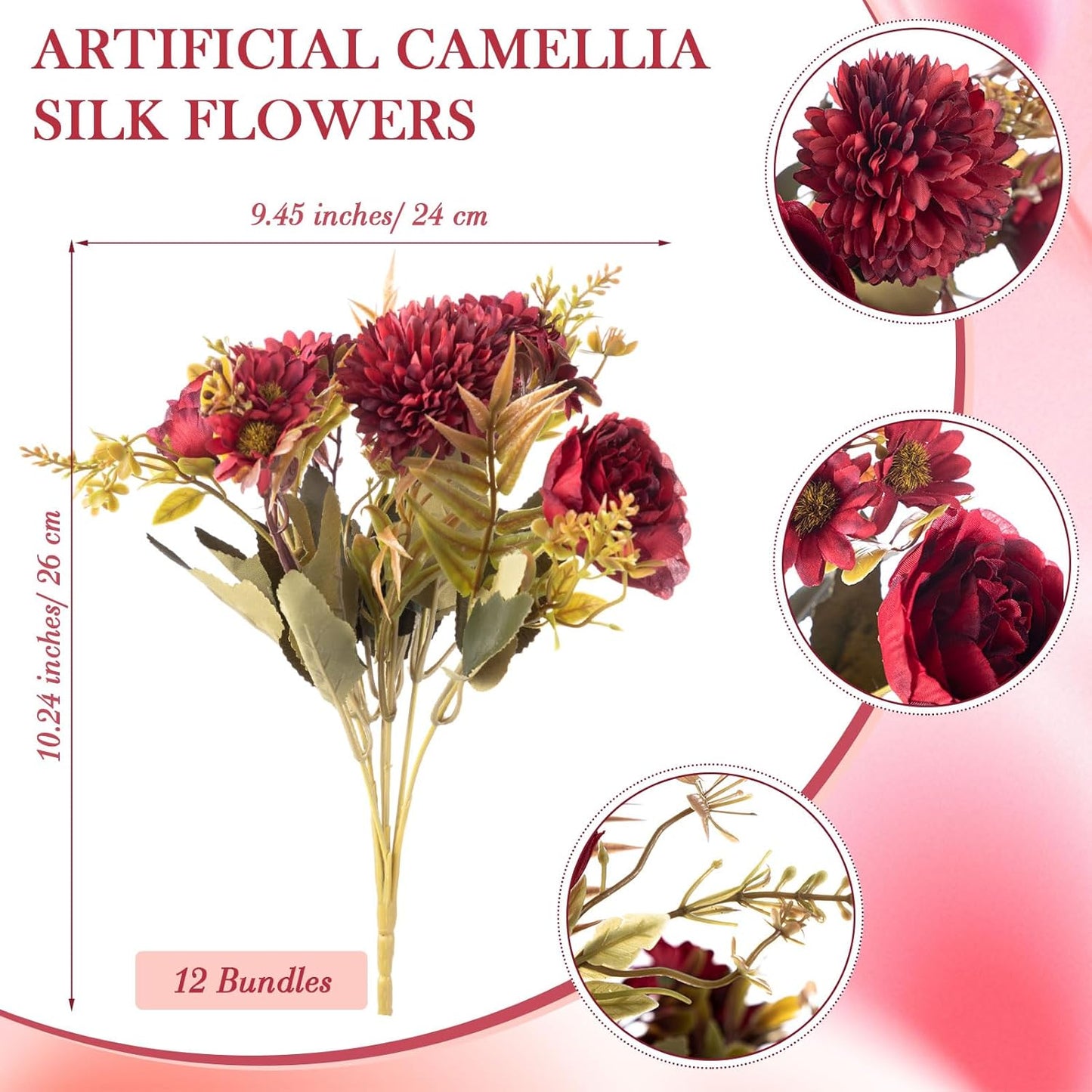 Tigeen Artificial Flowers Artificial Peonies Silk Flowers Faux Peony Fake Peony Silk Hydrangea Bouquet for Wedding Table Centerpiece Floral Vase Decor(Claret,12 Bundles)