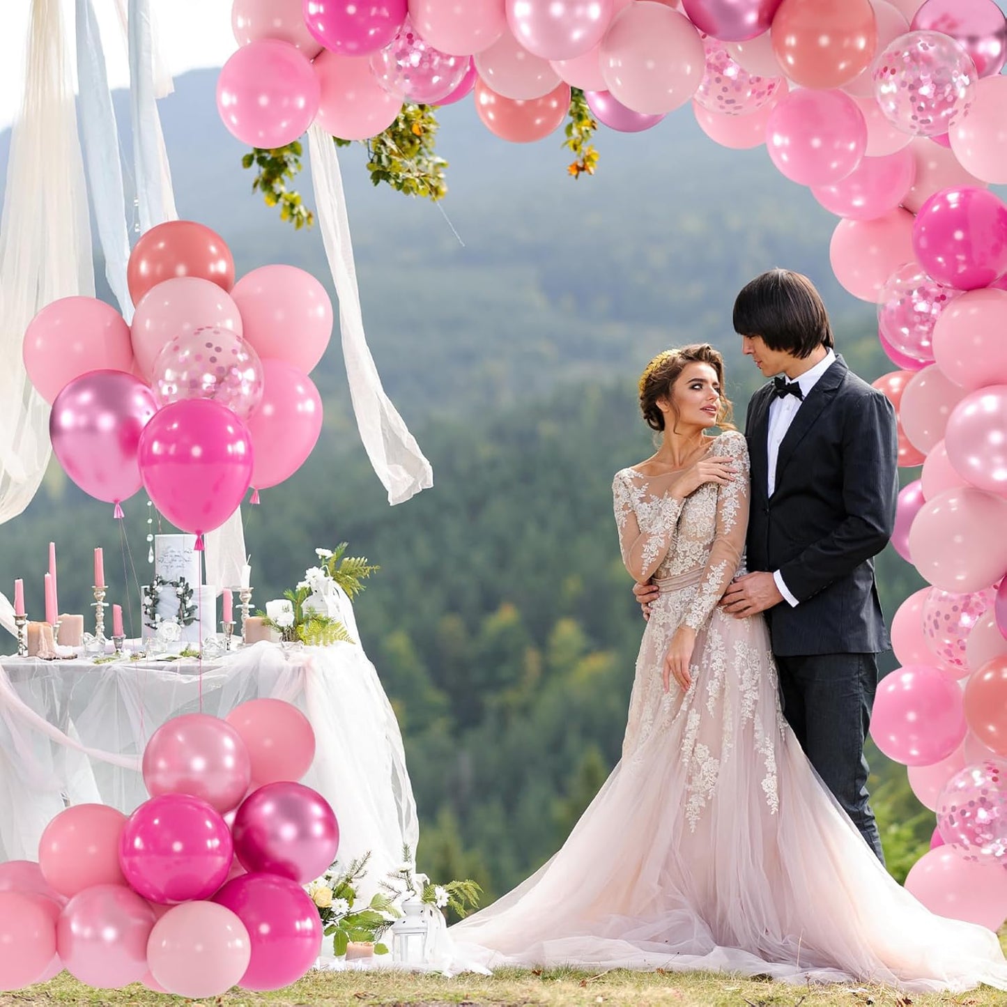 100pcs Pink Balloons Assortment - 12 Inch Metallic, Dusty Rose, Pearl & Hot Pink Pastel Balloons for Baby Shower, Bachelorette Party, Princess Birthday, Gender Reveal Party(66ft Ribbons)