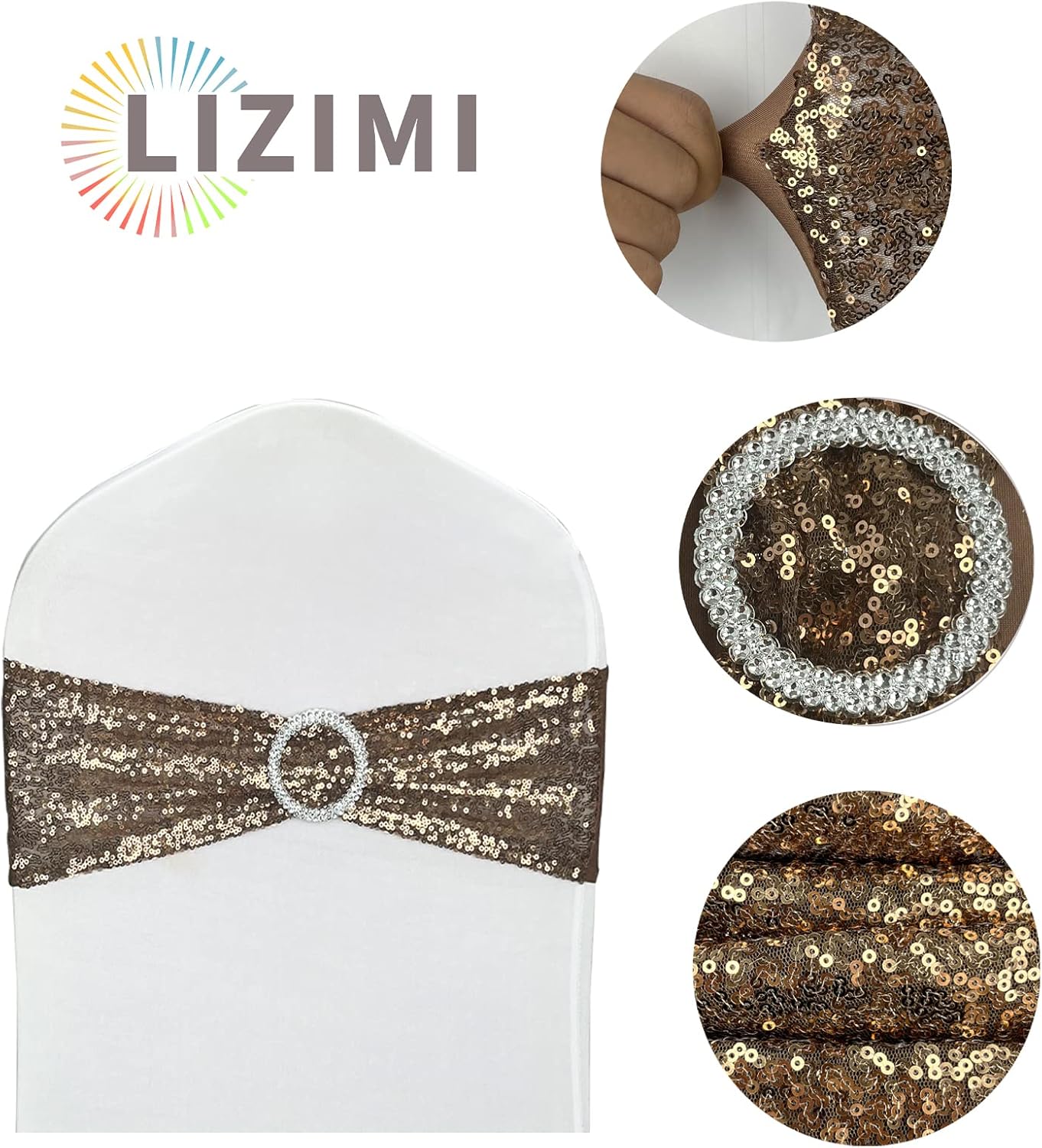 100 Pcs Chair Sashes Sequin Stretch Chair Bands Spandex Polyester Bows for Party Hotel Wedding Banquets Decoration - Coffee