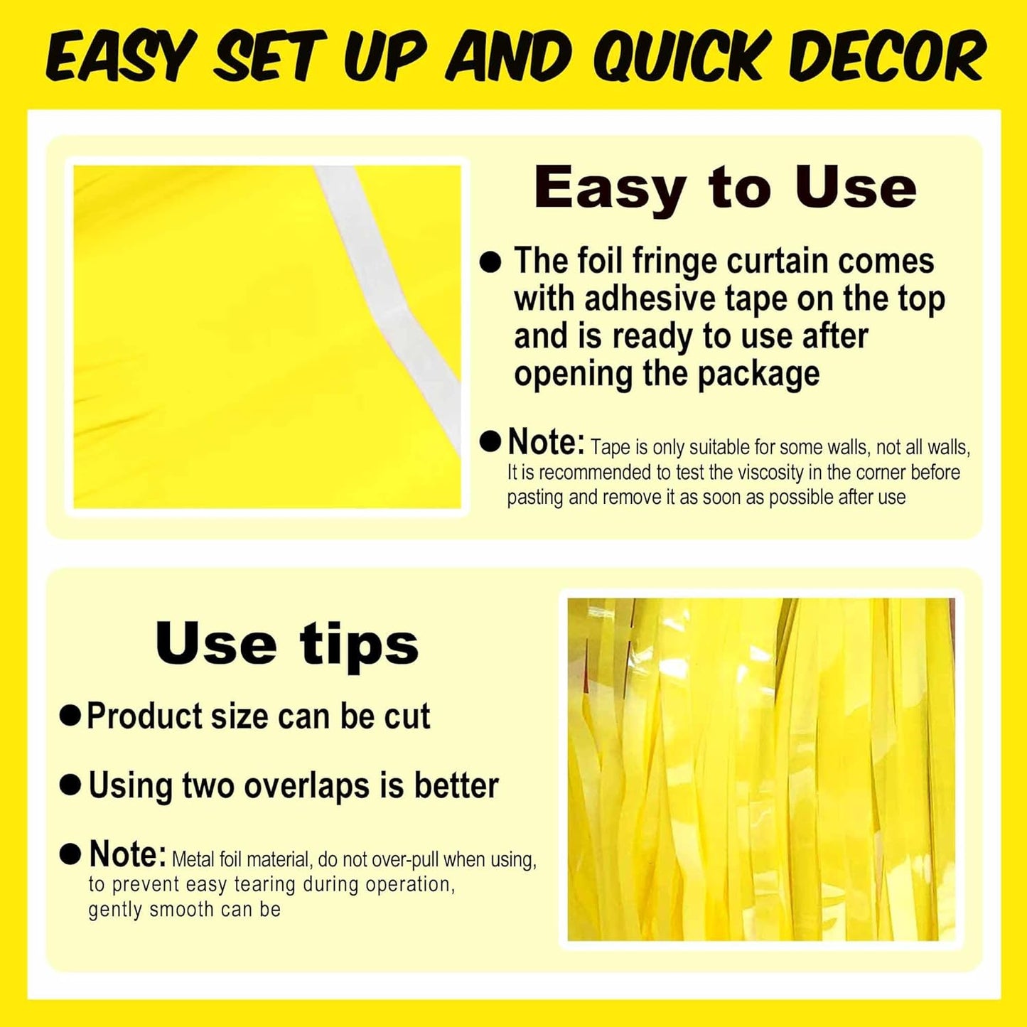 6 Pack Macaron Yellow Foil Fringe Curtains Backdrop, 3.28 x 8.2 Ft Metallic Streamers Tinsel Curtains Background for Photo Booth, Birthday, Weddings, Carnivals, Graduation, Themed Party Decorations