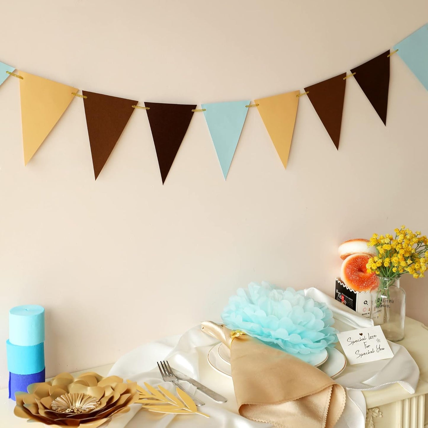 Fonder Mols Paper Pennant Banner Triangle Flags Bunting Garland for Bear themed Boy Baby Shower Birthday Nursery Wall Backdrop Decorations (10 feet, Coffee Blue, Large)