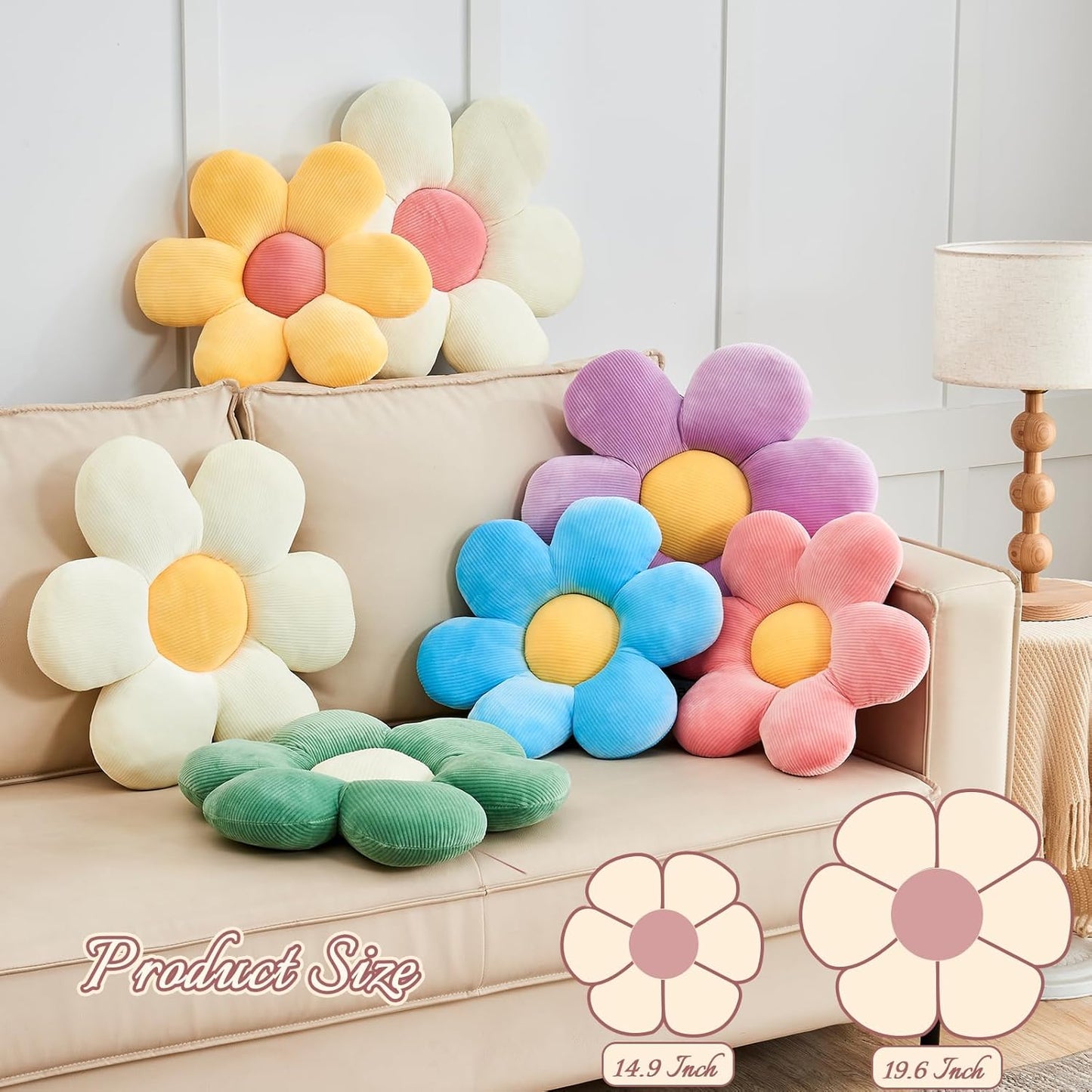 Blue Flower Pillow, 19.6" Cute Flower Shaped Floor Pillow, Aesthetic Floral Plush Daisy Decorative Throw Pillows for Bed Sofa Couch