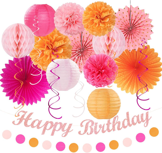 Hot-Pink Orange Fall Birthday Party-Decorations - 21pcs Autumn Women Peach Happy Banner,Girls Groovy Paper Streamers Lanterns Honeycomb,Tissue Flowers Pom Poms Fan, Boho Garland Room Decor