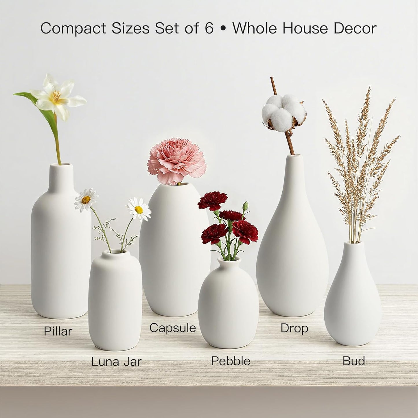 BEAHOT Ceramic Vases Set of 6, White Contemporary Decorative Flower Vases, Modern Design for Living Room