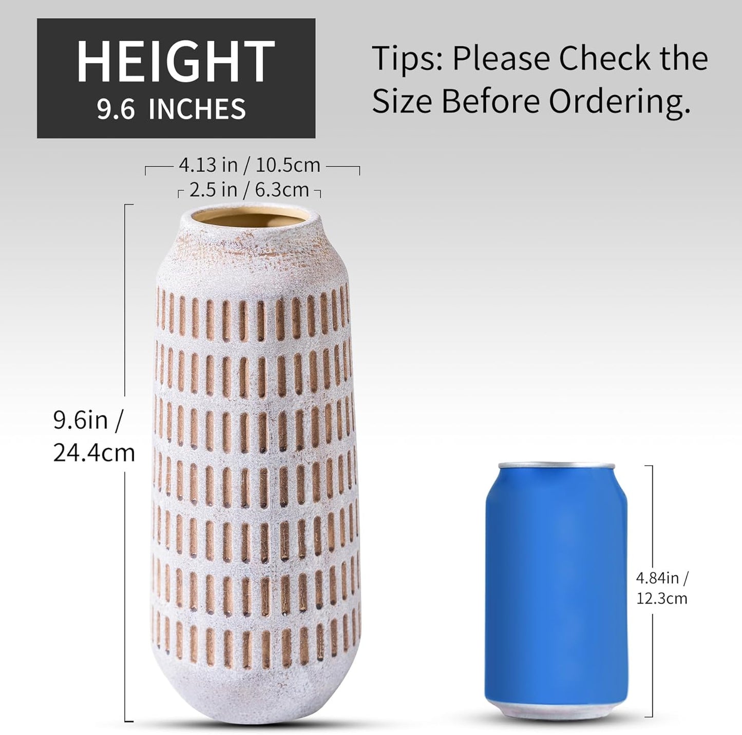 Rustic Ceramic Flower Vase, Terracotta Farmhouse Decorative Vintage Vases, Stone Clay Floral Vase, Concrete Grey Home Decor Vases for Living Room, Entryway, Kitchen, Bedroom, Bathroom Shelf 9.6 Inch