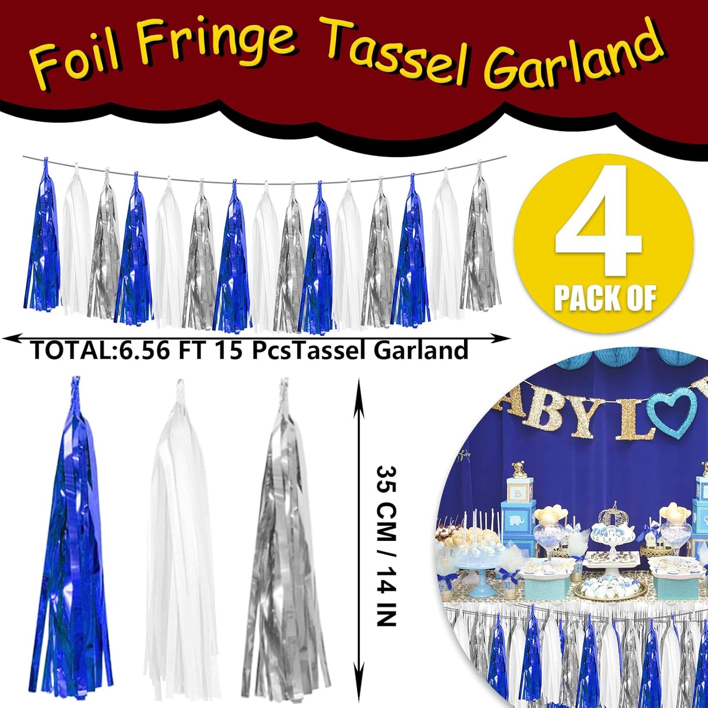 4P Navy Blue White Silver Foil Fringe Tassel Banner Garland Metallic Tinsel Streamers Wall Hanging Curtain Backdrop Banner for Parade Floats, 2024 Graduation Decorations, Retirement Party Decorations