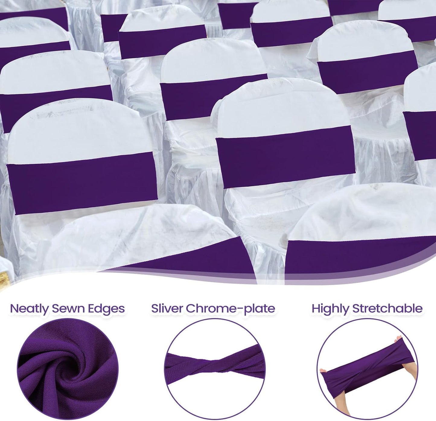Kinlop 50 Pcs Spandex Chair Sashes Bows Chair Bands Slider Sashes for Covers Elastic Bands Ties Without Buckle Decorations for Wedding Party Events Ceremony Birthday(Purple)