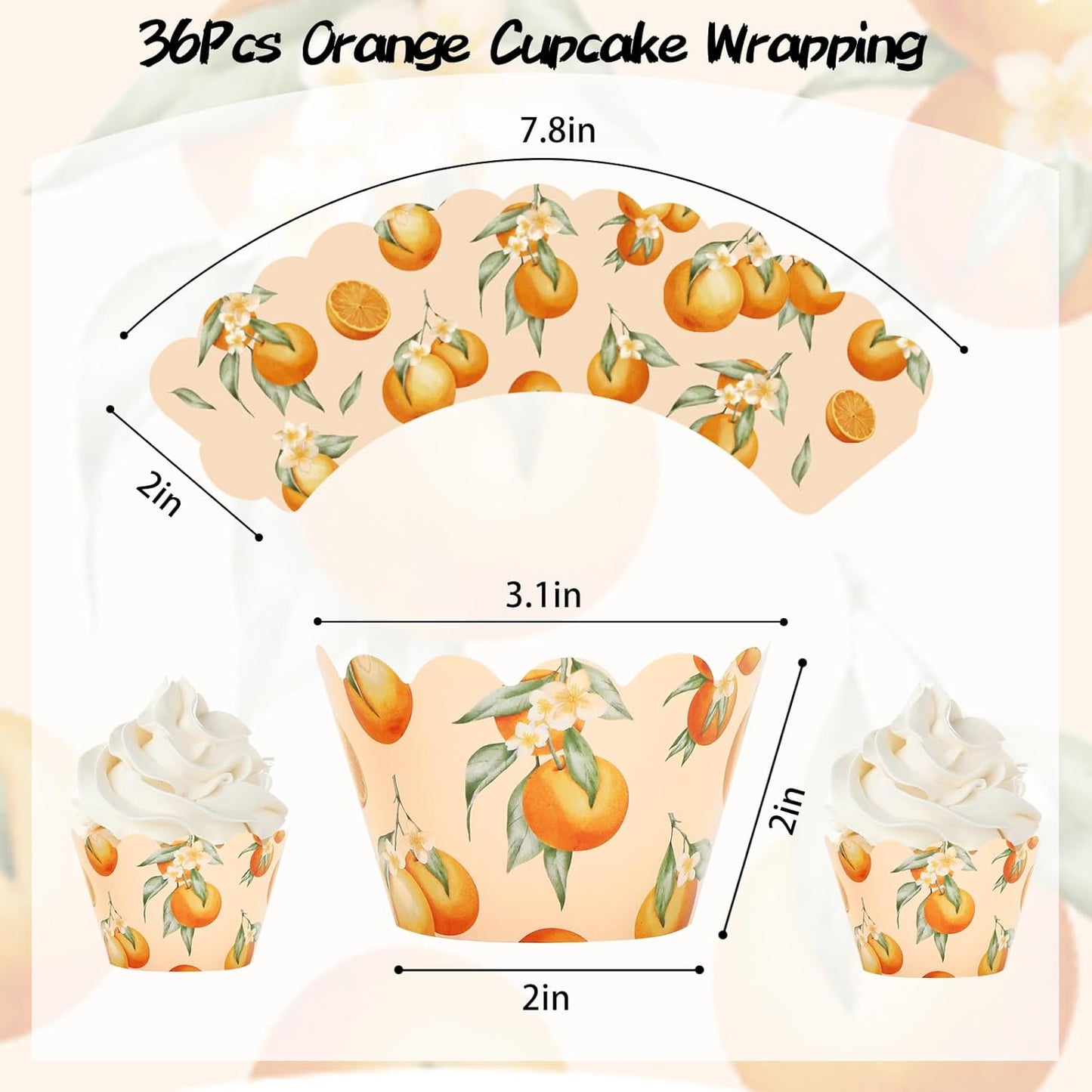 Whaline 36Pcs Little Cutie Cupcake Wrappers Watercolor Orange Cupcake Liners Decorative Cupcake Holders for Birthday Baby Shower Party Cake Decoration