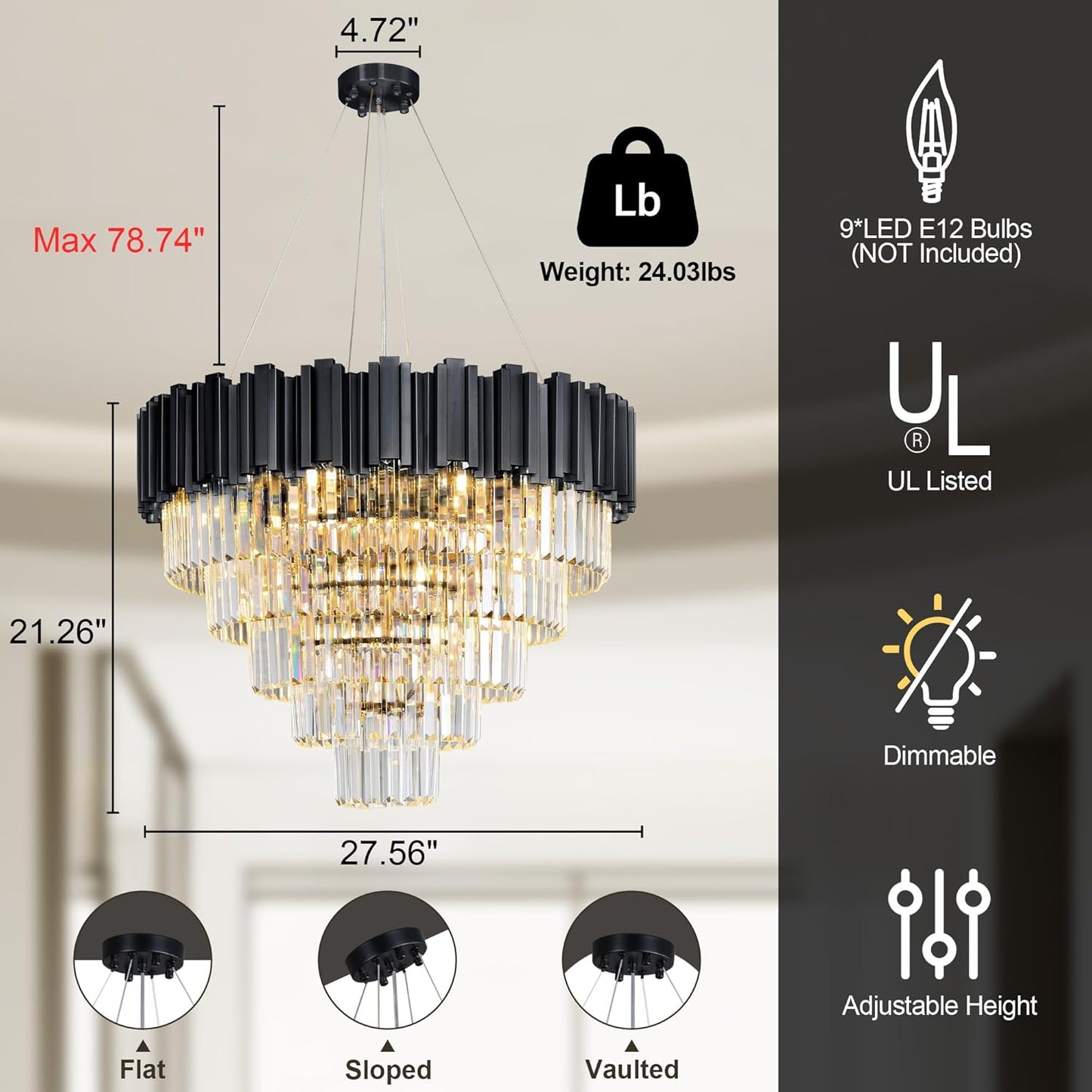 27.5" Black Crystal Chandelier, 9-Light Modern Luxury Round Chandelier, 5-Tier Contemporary Tiered Chandeliers Light Fixture for Dining Room, Living Room, Bedroom, Foyer, Entryway, Kitchen
