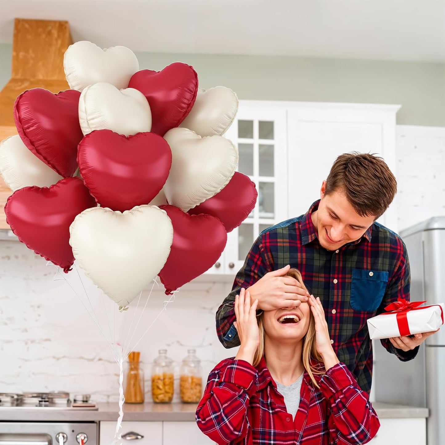 Red White Heart Balloons,12Pcs 18Inch Cream White Metallic Red Heart Shaped Foil Helium Balloons for Baby Shower Birthday Anniversary Wedding Engagement Party Decorations