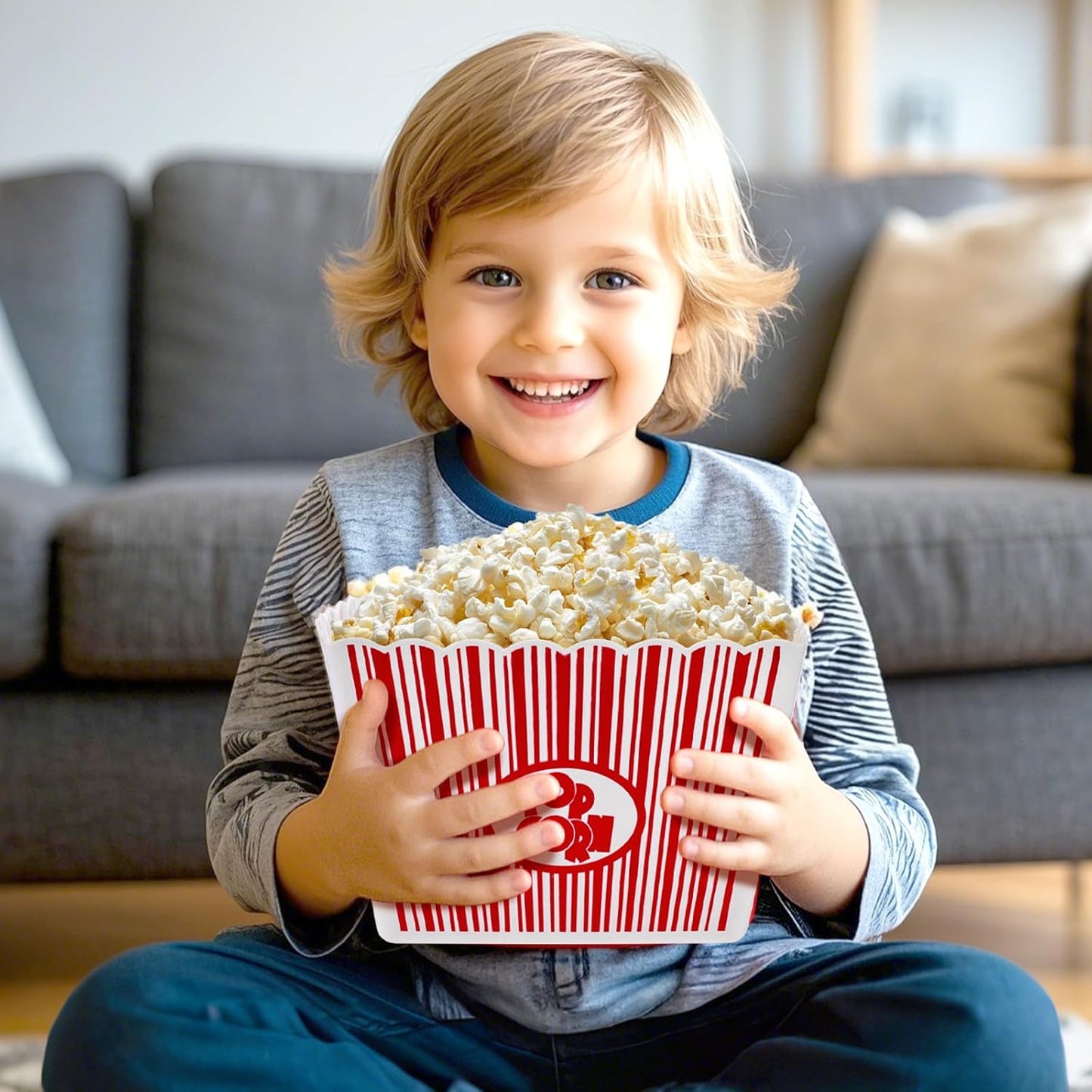 Hedume 6 Pack Popcorn Containers, Plastic Movie Theater Style Popcorn Container Set, Red & White Striped Classic Popcorn Boxes for Movie Night, Reusable (Square, 9" x 9" x 6")