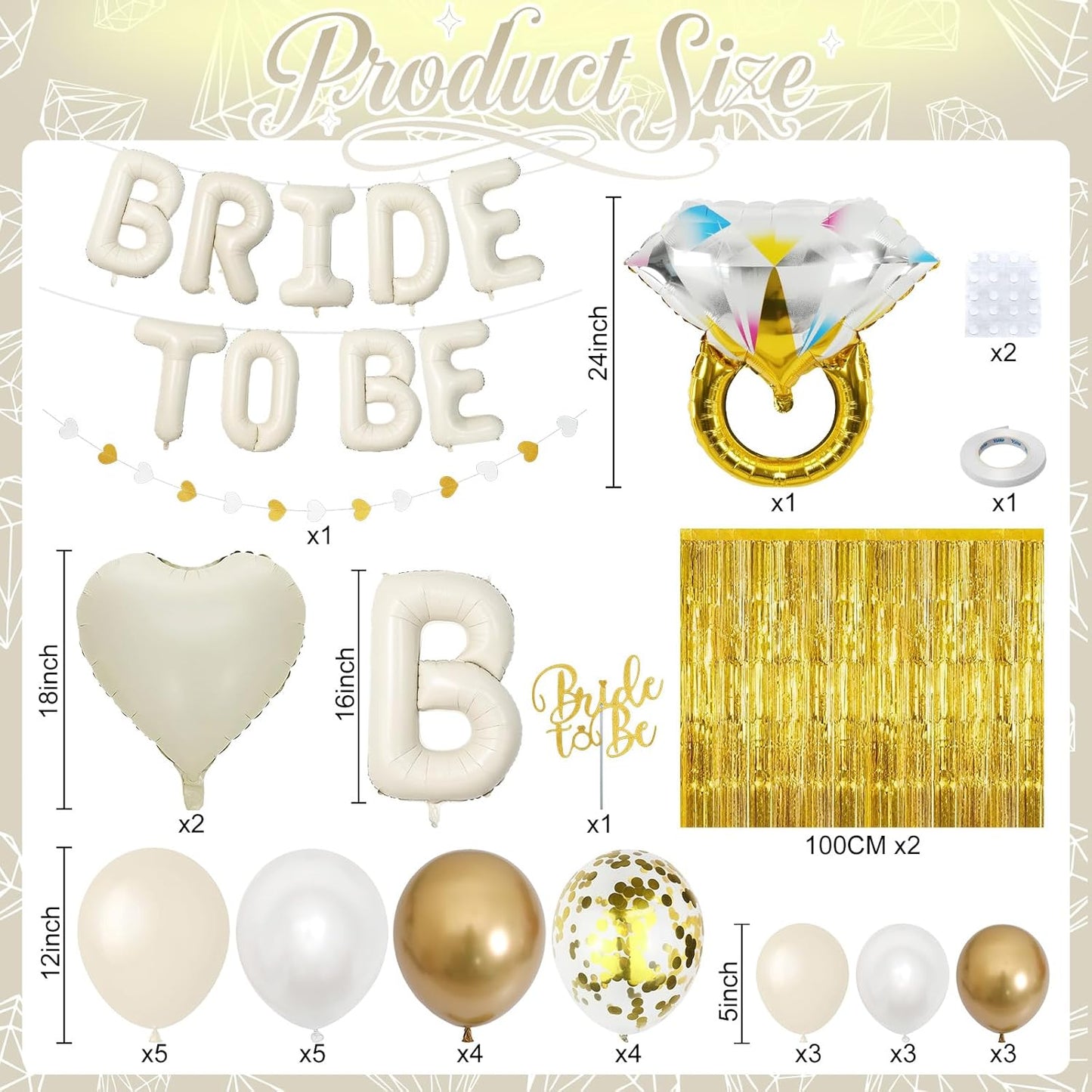 Cream Gold Bachelorette Party Decorations, Bride To Be Mylar Foil Letter Balloons with White Gold Balloons Diamond Ring and Cream Heart Balloon for Bridal Shower Decoration Engagement Hen Party Decor