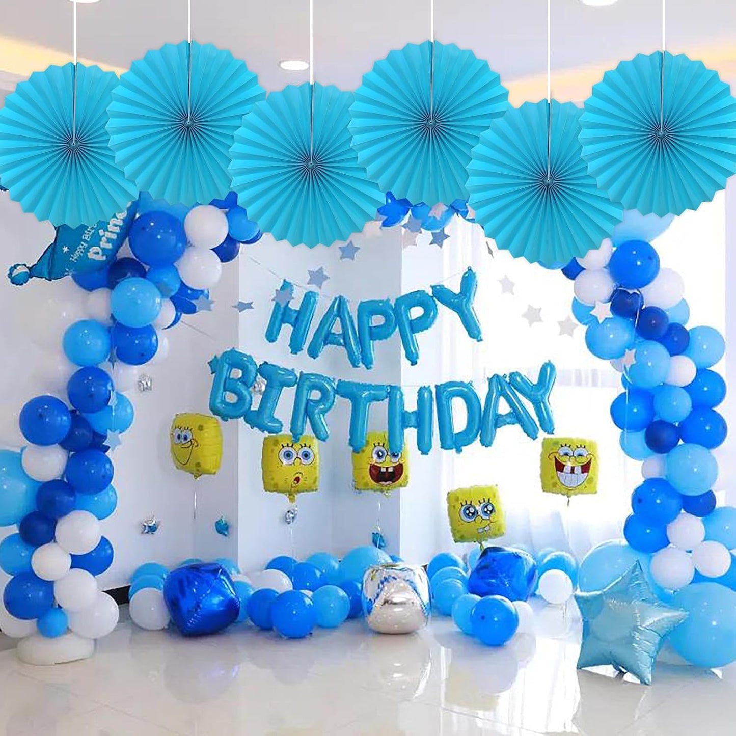 BARTHEW Blue Hanging Paper Fans,Blueaccessories Paper Decorations for Party,Blue Harmony Classroom Decorations,Party Decorations for Boys 16in Hanging Paper Fans 30 Color DIY Set (Sky Blue)