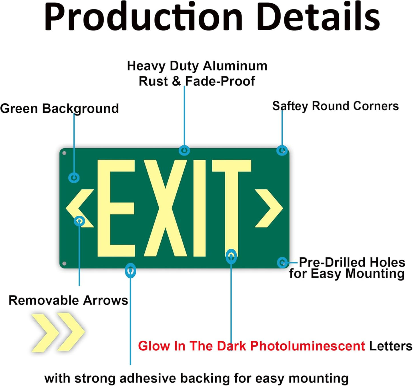 1Pack Photoluminescent Exit Sign Green - Aluminum -14.25"x 7.5" Glow In The Dark Adhesive Backing- Includes 2pcs Removable Arrows- Non Electrical Green Exit Light