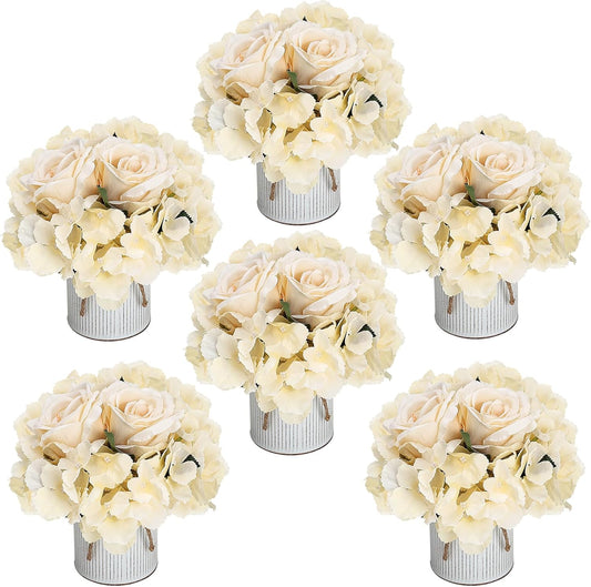 Flower Table Centerpieces - Set of 6 Floral Arrangement Artificial Wedding Hydrangeas Floral Arrangement with Rustic Metal Vase for Bridal Tea Party Event Decorations - Champagne