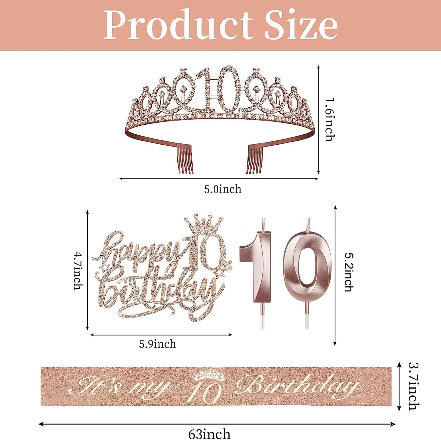 10th Birthday Decorations for Girls, Including Sash, Crown/Tiara, Candles, Cake Topper. 10th Birthday Gifts for Girls, Rose Gold Party Decor Supplies